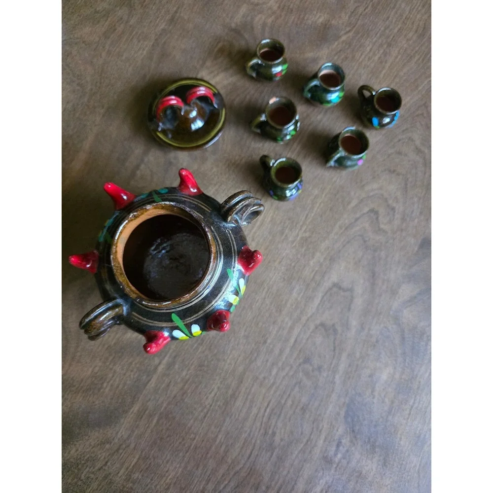 Mexican Folk Art Pottery Tequila Set Hand Painted Floral Glazed Brown 8pc decor